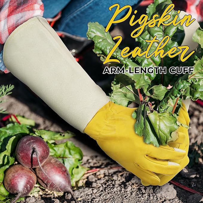 HANDLANDY Rose Pruning Gardening Gloves for Men Women, Thorn Proof Forearm Protection Leather Garden Gloves, Gardening Gifts for Gardeners (Yellow- Goatskin, X-Large (Pack of 1))