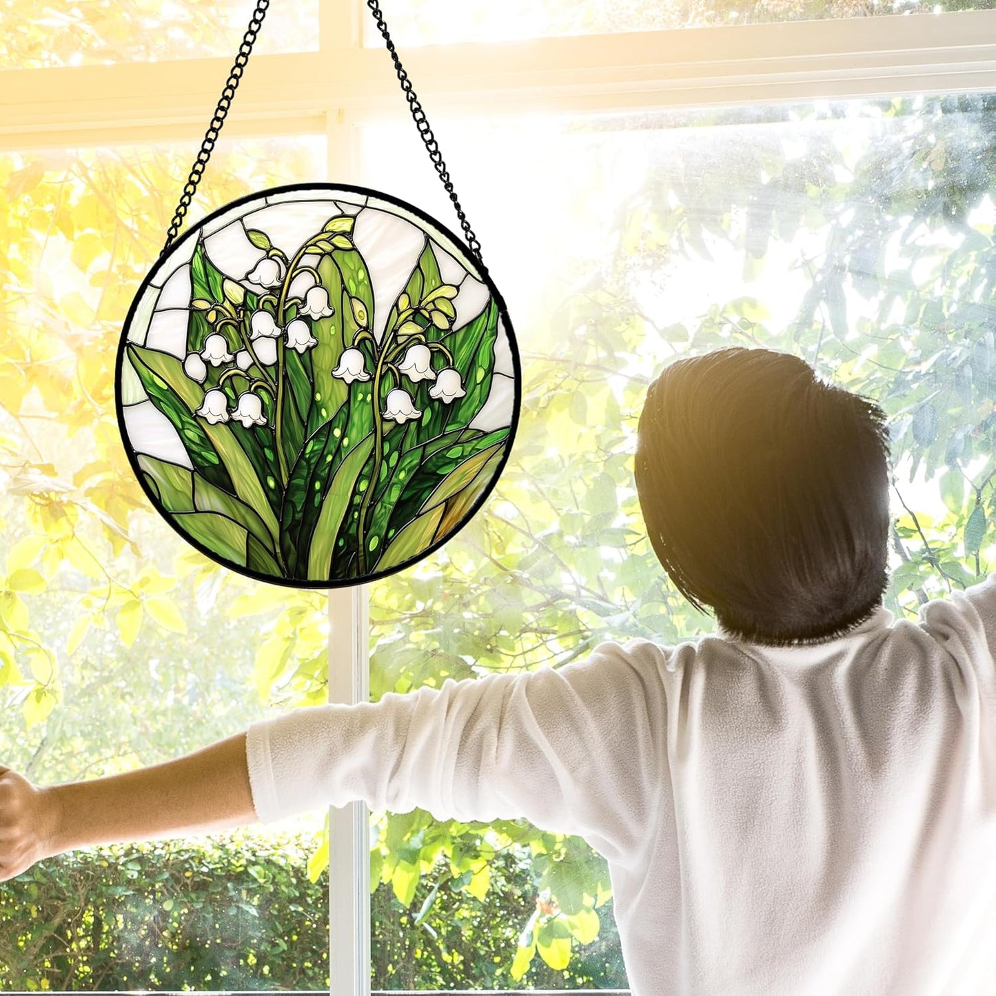 Stained Glass Window Hanging, Lily of The Valley Flower Sun Catchers Colorful Glass Panel Green Plants Suncatcher Decor for Birthday for Women,Men,Wife, Lovers, and Mom 11.8 in