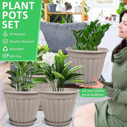 FGstyle 12 Inch Pots for Plants,4 Pack Tall Planters,Large Flower Pots with Drainage Hole & Saucer,Decorative Outdoor Planter for Planting Medium Large Plants(Beige