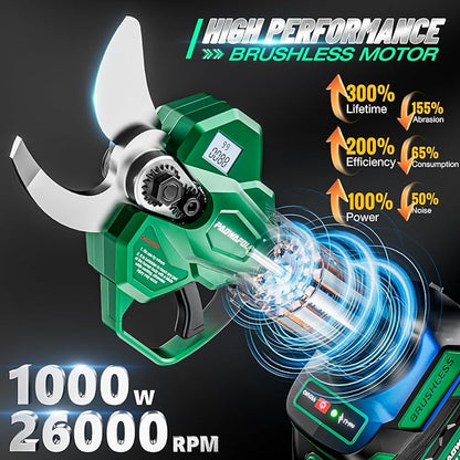 Electric Pruning Shears, 1.4 inch (35mm) Cutting Diameter Cordless Electric Scissors with LCD Display, 21V Brushless Motor Branch Cutter with 2 PCS Rechargeable 2000mAh Batteries & 2 Blades