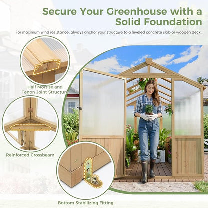 CDCASA 8x6 FT Wooden Greenhouse for Outdoor, Easy Assembly Solid Cedar Frame w/ Polycarbonate Heavy Duty Greenhouses, Outside Garden Walk-in Green House Kit, Adjustable Roof Vent & Lockable Door