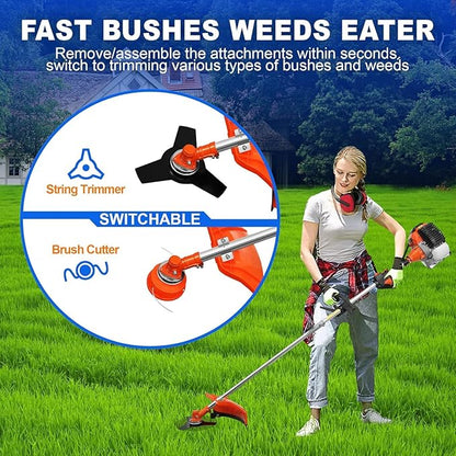 Powerful 52cc 5 in 1 Multi Functional Trimming Tools,Gas Hedge Trimmer,Weed Eater,String Trimmer, Brush Cutter,Pole Saw Chainsaw with Extension Pole, Rubber Handle & Shoulder Strap Included Red