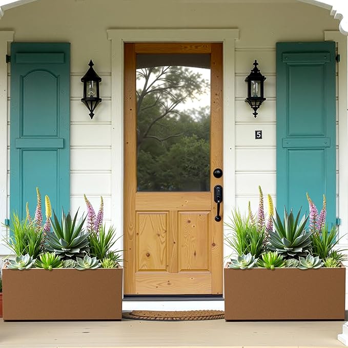 Large Rectangle Planter Metal Brown Planter Box with a Drainage Hole and a Removable Divider Indoor Outdoor Porch Pots for Tall Plants, Trees, Flowers 37.99"x 15" x 16.26" Brown