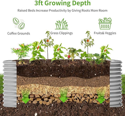 Land Guard 8x4x3ft Oval Galvanized Raised Garden Beds, Large-Capacity Metal Planter Box Outdoor, Durable Deep Raised Garden Bed 3ft Tall, Raised Beds for Gardening Vegetables, Classic Silver