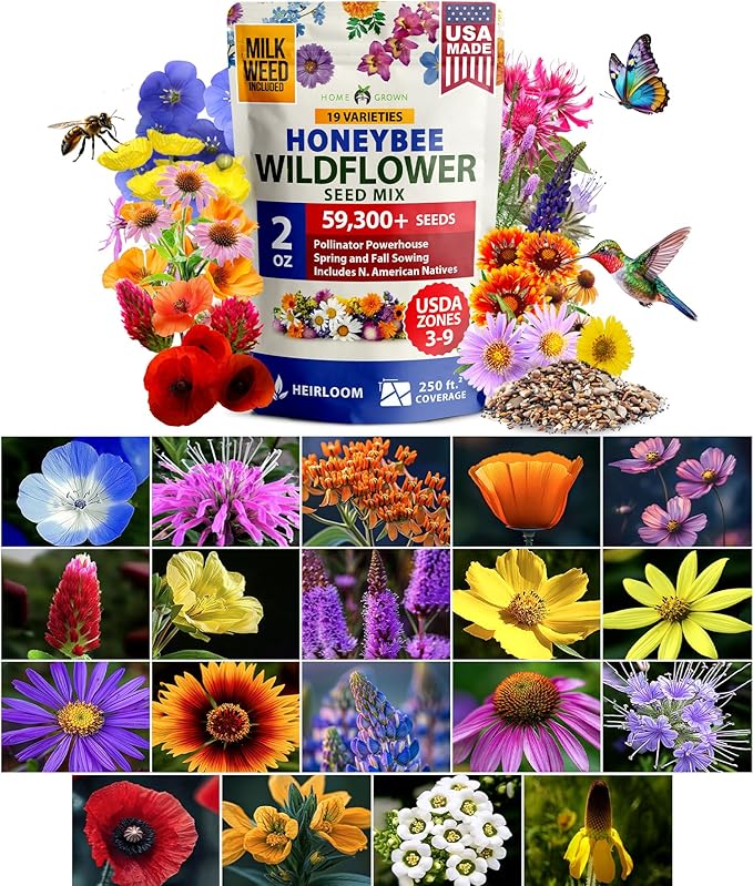 HOME GROWN Premium Wildflower Seeds Bulk Mix (2oz) - 59,300+ Seeds with 19 Varieties for Pollinators - Wild Flower Seed for Bees, Butterflies - Perennial & Annual Throw and Grow Seed Mix