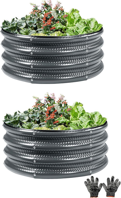 2 Pcs 2x2X1 FT Round Galvanized Raised Garden Bed Kit, Gray Outdoor Planter Garden Bed, Metal Raised Box for Vegetables, Fruits, Flowers & Herbs