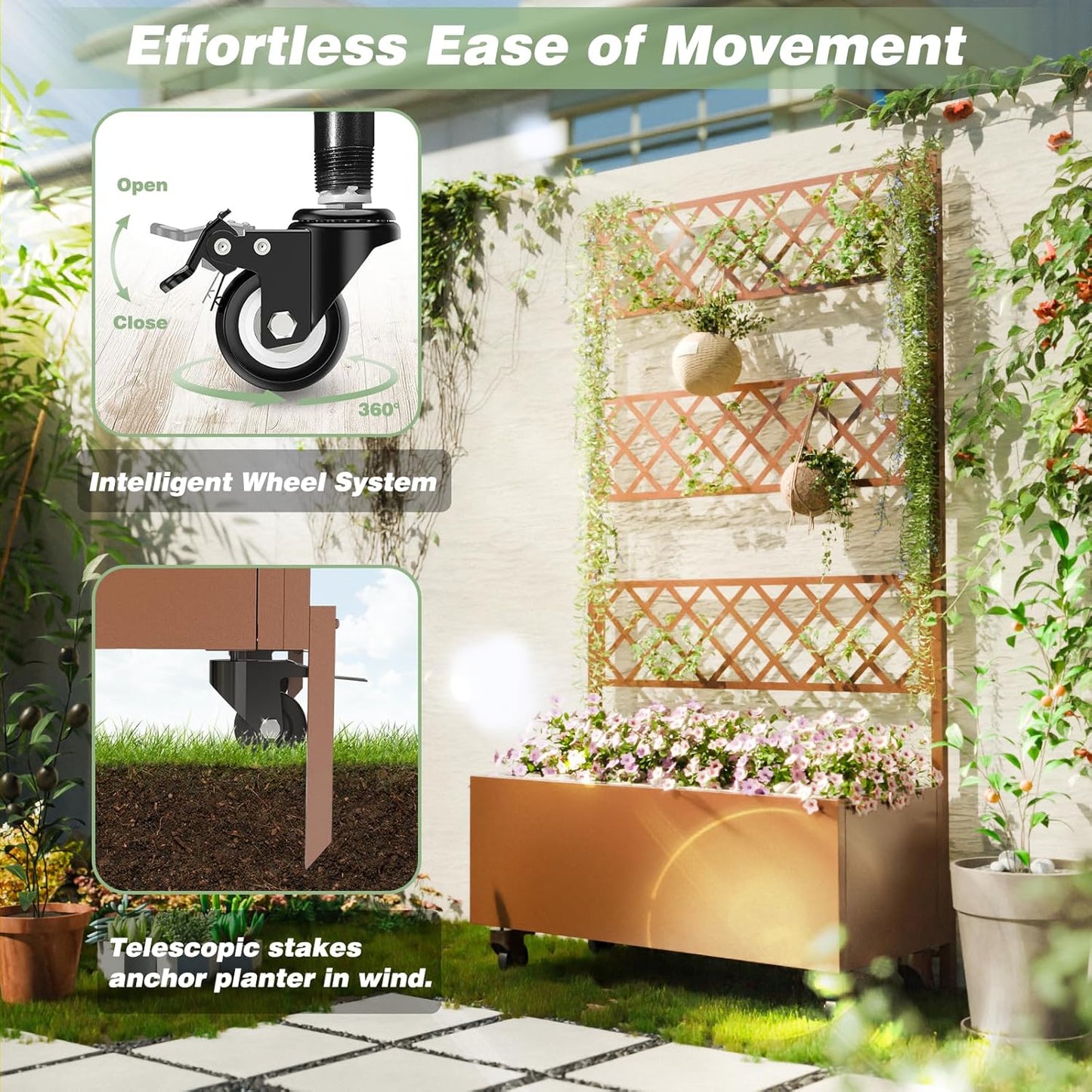 Kinchox Metal Raised Garden Bed with Trellis Outdoor Metal Planter Box with Planting Pockets Garden Box for Climbing Plants Privacy Planters for Patio