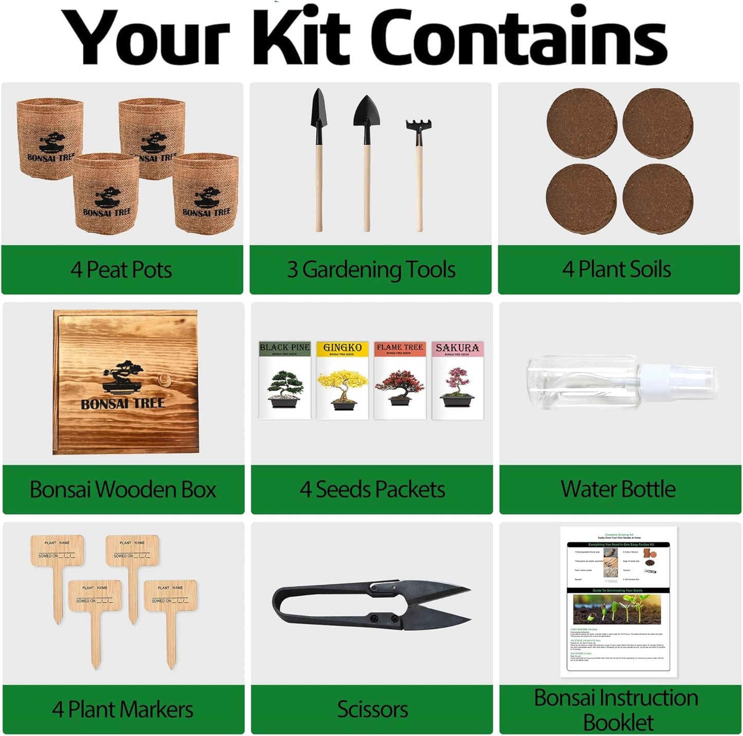 4 Bonsai Tree Seeds with Complete Growing Kit & Wooden Planter Box, Indoor Bonsai Tree Starter Kit, Great Potted Plants DIY Gift for Adults