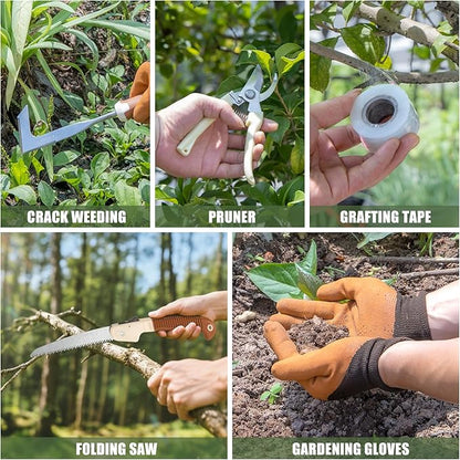 Garden Tool Set, 12 Pcs Heavy Duty Floral Gardening Tools Kit with Gardening Hand Weeder Tools, Durable Storage Bag and Gloves, Gifts for Women and Men Brown