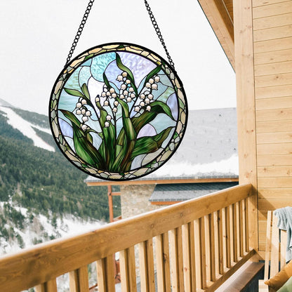 Stained Glass Window Hanging, White Green Lily of The Walley Flowers Sun Catcher for Door Home Decor Plants Suncatcher Christmas Mother's Day Birthday Gifts for Women Men Mom Nana 15 in