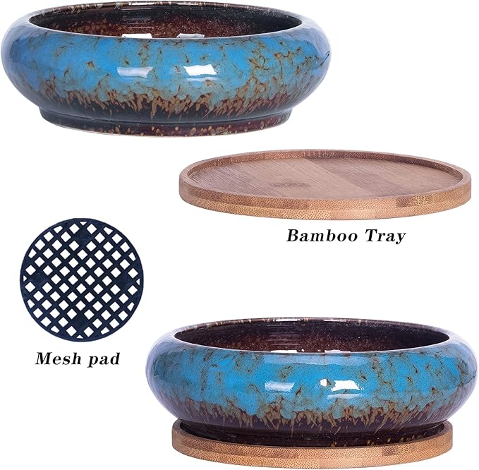 ARTKETTY Succulent Pots, 7.3 Inch Succulent Planters with Drainage Pack of 2, Shallow Bonsai Pot with Tray Ceramic Pots for Indoor Plants Large Cactus Flower Plant Bowl