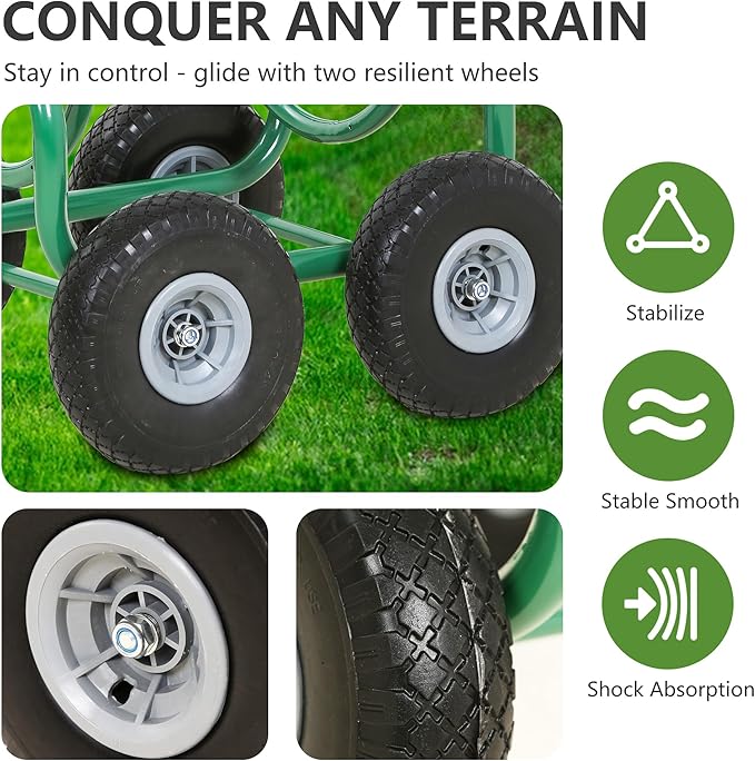 Hose Reel Hold Up To 300 Ft Heavy Duty Garden Hose Reel Sturdy Water Hose Reel Cart with 4 Wheels Storage Basket for Garden Lawn Yard Outdoor (Green)