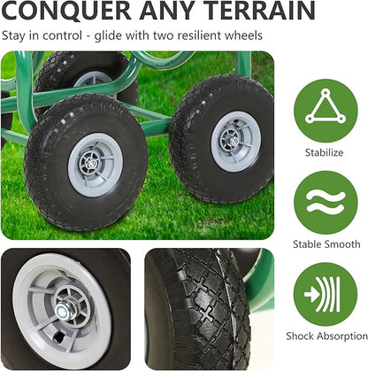 Hose Reel Hold Up To 300 Ft Heavy Duty Garden Hose Reel Sturdy Water Hose Reel Cart with 4 Wheels Storage Basket for Garden Lawn Yard Outdoor (Green)