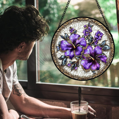 Stained Glass Window Hanging, Purple Flowers Romantic Suncatcher for Doors Home Sun Catchers Decoration and Christmas, Mother's Day Birthday Gifts for Women, Men, and Mom 14.9x14.9 in