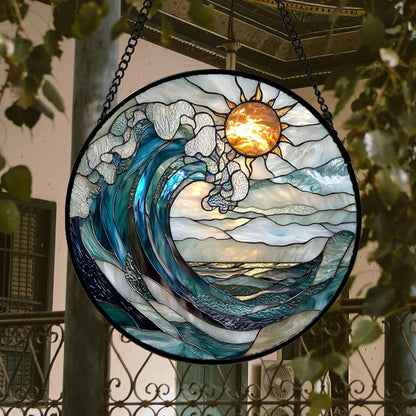 Stained Glass Window Hanging, Blue and White Waves Suncatcher Diamond Glass Panel Landscape Sun Catchers Decor for Birthday for Women, Men, Wife, Aunt, and Mom 14.9x14.9 in