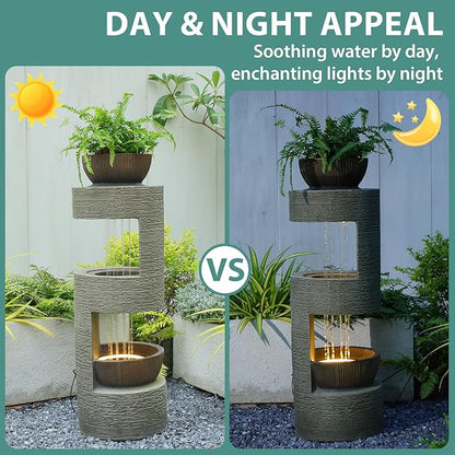 37.8" Outdoor Fountain with Waterfall & LED Lights, Freestanding Garden Water Fountain for Patio/Backyard, Resin Tiered Fountain with Pump