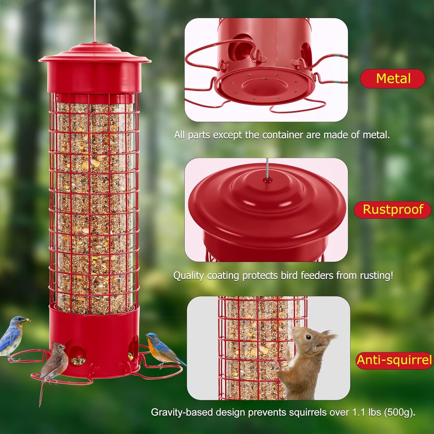 Squirrel Proof Bird Feeders, Metal Wild Bird Feeder for Outdoors Hanging, Weight Activated Squirrel Buster for Chickadees, Goldfinches, Cardinals, Chew-Proof, 4.4LB Large Capacity, Red