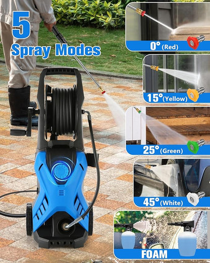 Pressure Washer, 2.8 GPM High Power Washer Adjustable Pressure 2500PSI-5000PSI with 33FT Extension Hose Reel, 4 Nozzles and Soap Bottle for Cars/Fences/Driveways