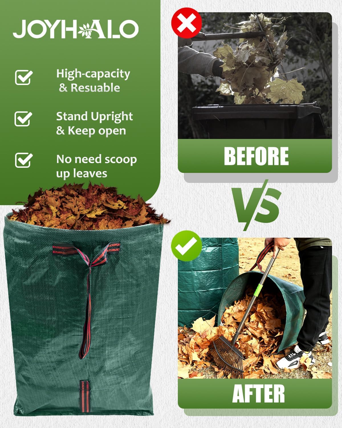 Joyhalo Reusable Yard Waste Bags, 2 Pack 50 Gallon Dustpan-Type Garden Bag for Collecting Leaves Garss Clippings, Heavy Duty lawn and leaf bags, Garden Waste Container for Clean Up Outdoor Debris