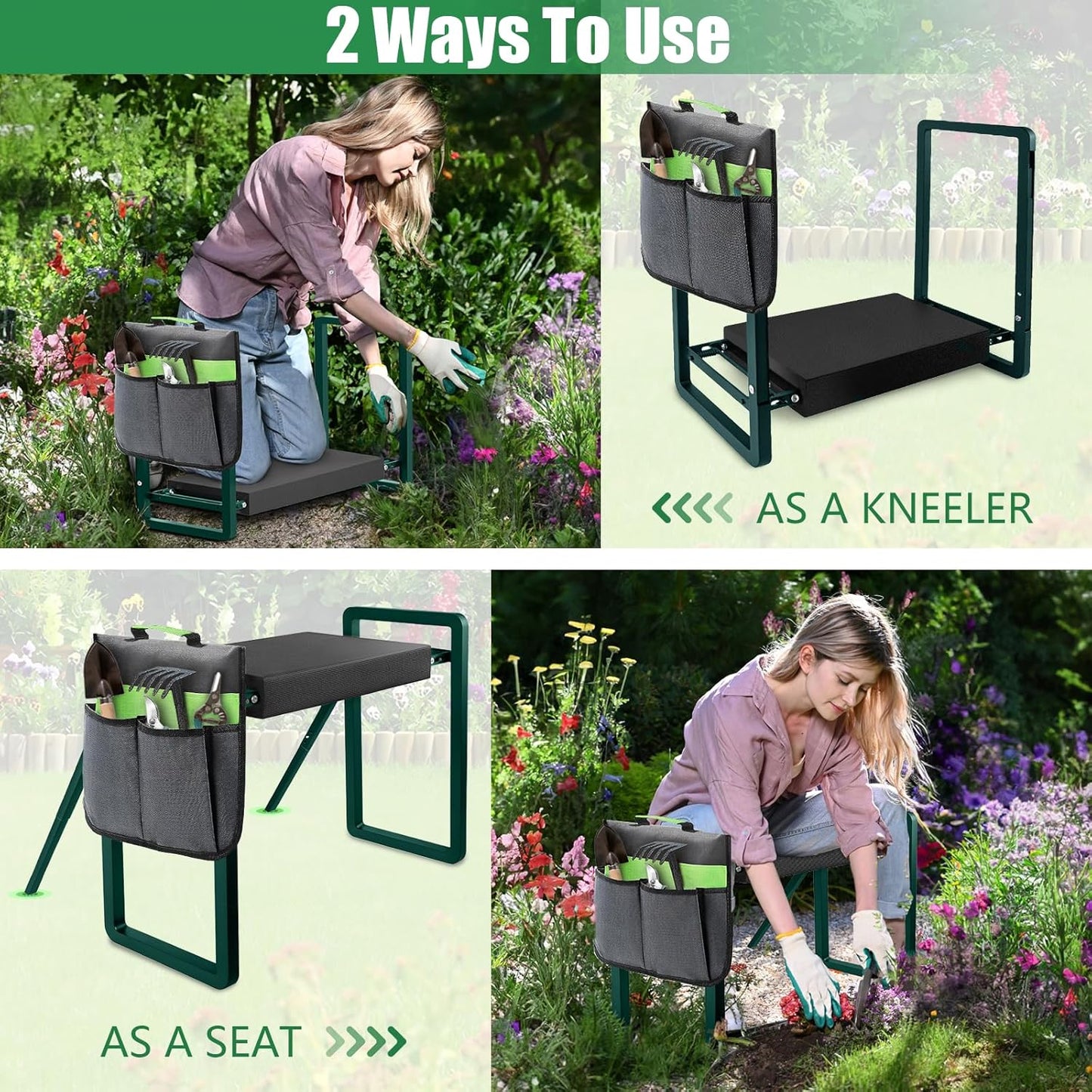 seasky Foldable Garden Kneeling and Seat, Anti-Tipping Garden Bench Widened Thick Soft Kneeling Pad, Heavy Duty Gardening Stool with Garden Tool Bag,Gardening Gift for Women(Without Gloves)