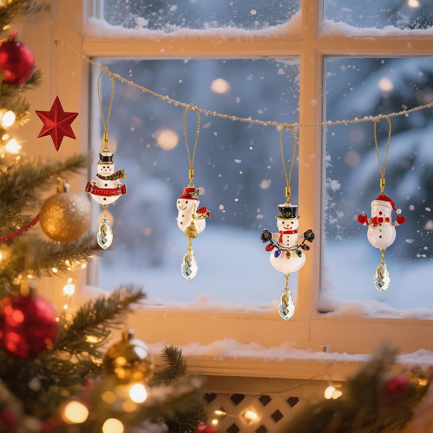 H&D HYALINE & DORA 4 Pcs Christmas Snowman Suncatcher Winter Snowman Hanging Suncatcher for Christmas Tree Hanging Crystal Crafts Holiday Decor Xmas Party Supplies