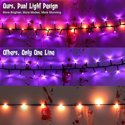 Brizled Outdoor Halloween Lights, 372 LED 17 Modes Orange & Purple Halloween Cluster Lights with Timer, 19.6FT Waterproof Spooky Light Plug in, Orange Purple Light Black Wire for Indoor Outdoor Decor