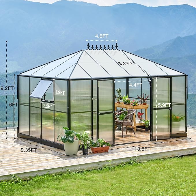 AMERLIFE 14x9.5x9FT Walk-in Polycarbonate Greenhouse with Quick Connector, Fast Assembly Aluminum Greenhouse for Outdoors, Swing 2 Doors, Black