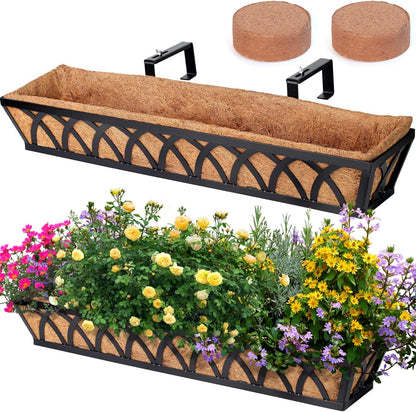 Window Box Railing, 36 Inch Black Metal Hanging Flower Planter Basket with Coco Liner for Outdoor Balcony Porch Fence Patio for Home, Office and Hotel (Black - 2 Pcs/Set)