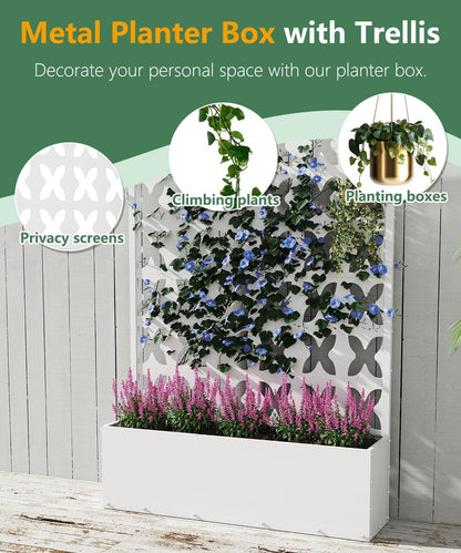 2PCS Metal Planter Box with Trellis,70.9"x47.2"x15.7" Raised Garden Bed with Drainage Holes, Privacy Planters for Outdoor Garden Bed for Climbing Plants,Vegetables,and Vines, White-X