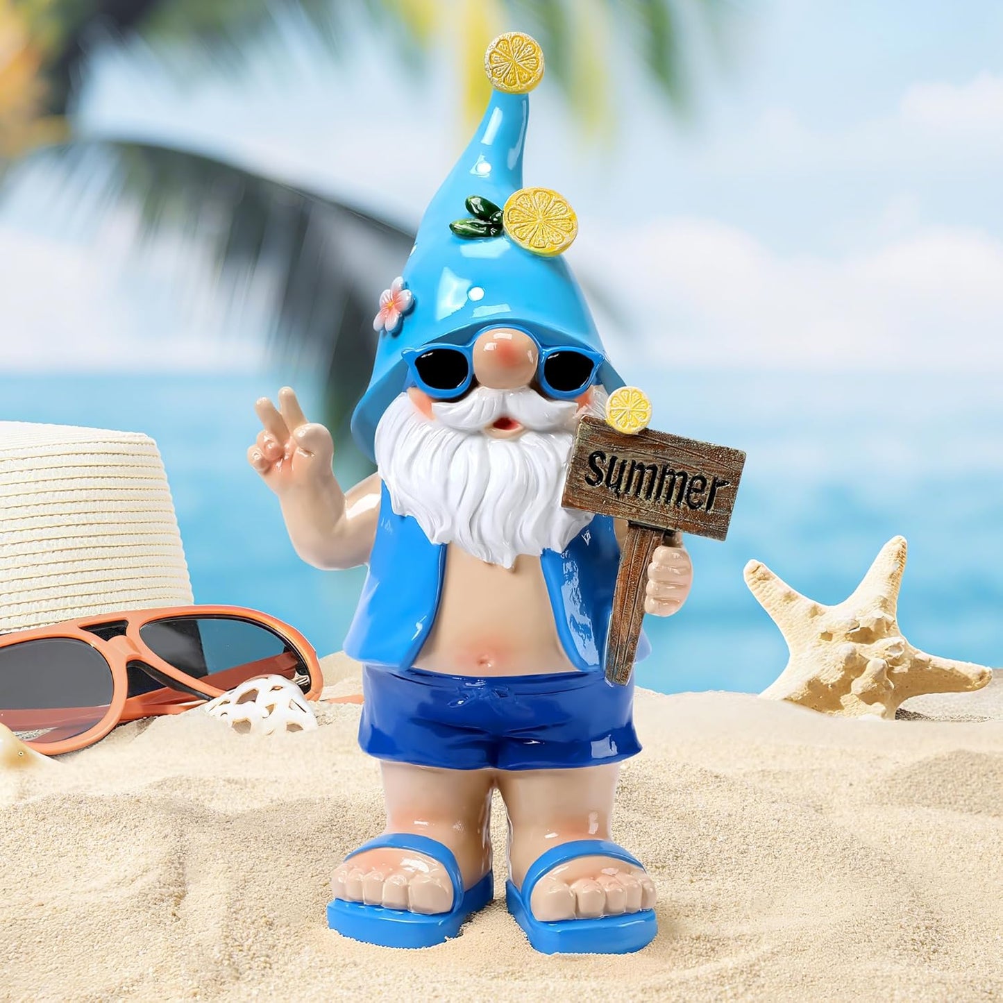 Outdoor Summer Gnomes Statue Beach Gnome Garden Decor for Outside, Beach, Yard, Lawn Ocean Sea Theme Home Decorations for Table, Shelf, Blue Gnome Figurine Funny Elf Gifts for Women