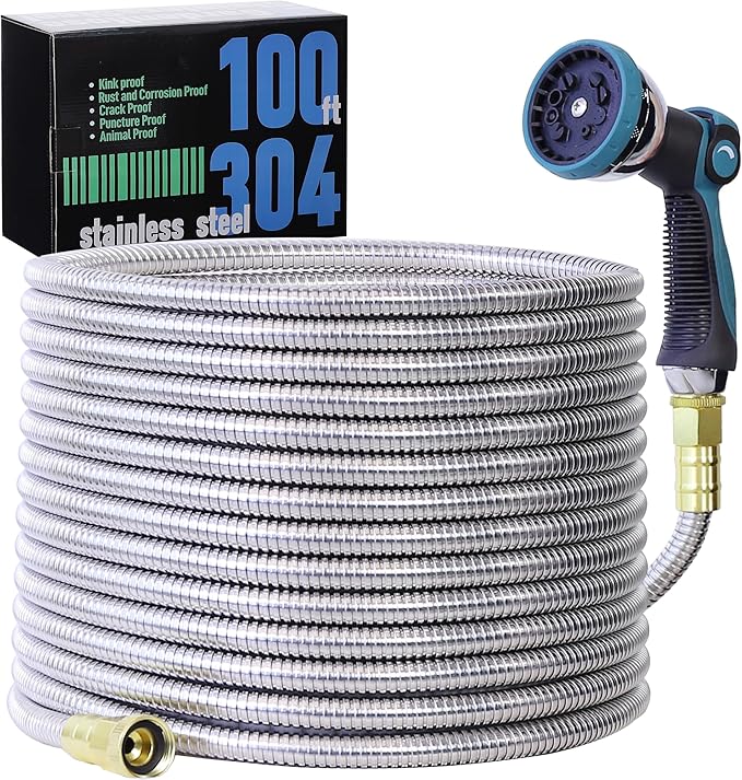100FT Garden Hose, 304 Stainless Steel Water Hose, Flexible with a 10-Mode Nozzle Sprayer, No Kink, Lightweight, Puncture Proof, Ideal for Yard, Lawn, Outdoor