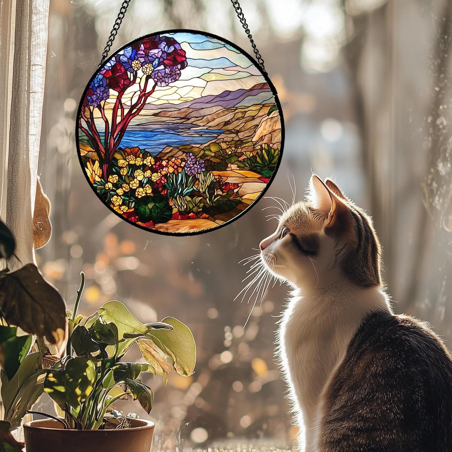 Stained Glass Window Hanging Retro Wildflowers Lake Mountain Scenery Large 15" - Suncatcher Door Garden Sun Catcher Home Decor Birthday Christmas for Mom Men Woman Friend