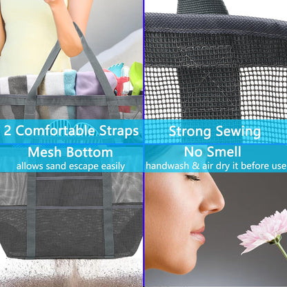 Mesh Beach Bag, Large Beach Tote with Zipper Pocket for Family Pool Bag for Toys & Vacation Essentials