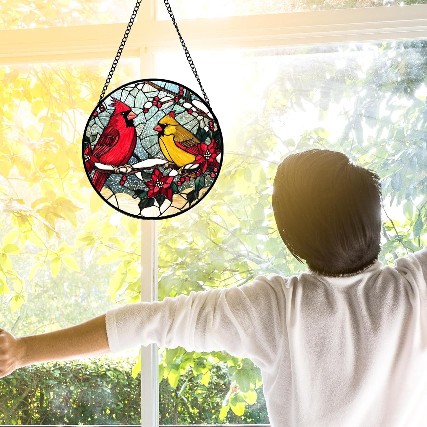 Stained Glass Window Hanging, Love Birds Cardinals Sun Catchers Colorful Glass Panel Birds Suncatcher Decor for Birthday for Women, Men, Wife, Lovers, and Mom 6.3 in