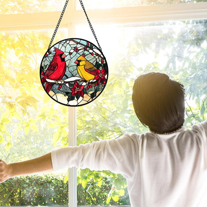 Stained Glass Window Hanging, Love Birds Cardinals Sun Catchers Colorful Glass Panel Birds Suncatcher Decor for Birthday for Women, Men, Wife, Lovers, and Mom 6.3 in