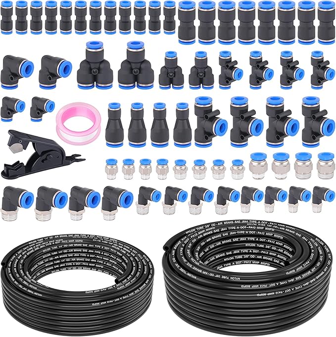 68 Pcs DOT Air Line with Quick Connect Air Fittings Kit 2 Roll 50FT 1/4" and 3/8" DOT Air Lines Kit with 66 Pcs Push Lock Air Line Fittings Pneumatic Push to Connect Air Hose Fitting