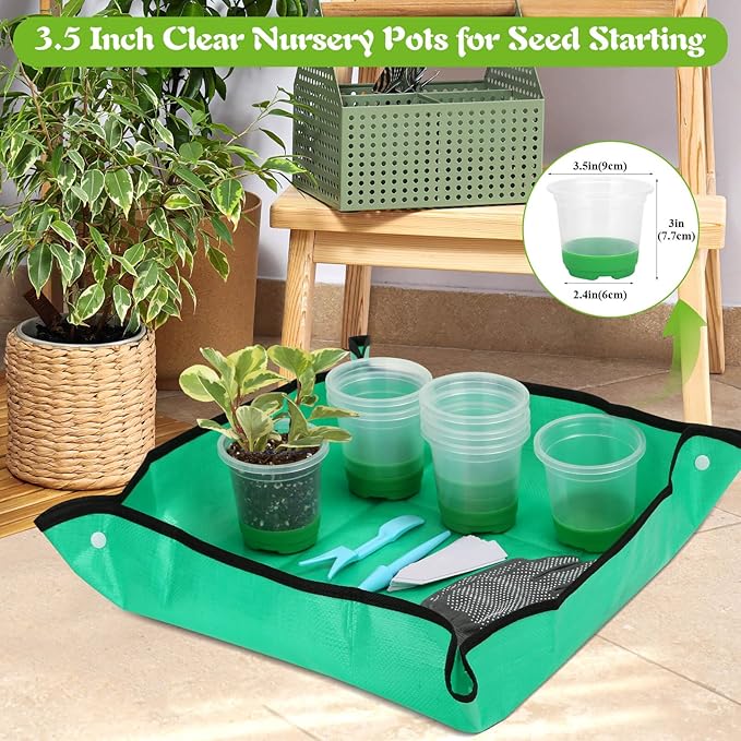 Caffox 55PCS Reusable Seed Starter Kit Includes 30 Packs 3.5" Clear Nursery Pots with Silicone Base, Repotting Mat, Gardening Gloves, Plant Labels and Seedling Tools for Easy Transplant