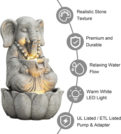 Glitzhome Outdoor Fountains and Waterfalls Zen-Style Concrete Resin Elephant Water Fountains with LED & Pump, Garden Patio Water Fountain Yard Fountain 2 Tier Floor Waterfall for Backyard Lawn 22" H