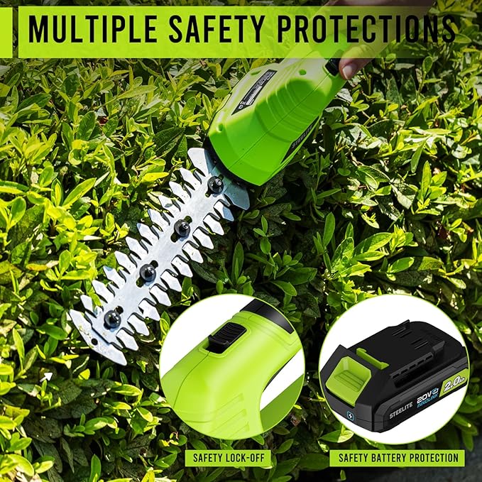STEELITE Hedge Trimmer Cordless, 21V Handheld Shrub & Bush Trimmer Electric with 2 x 2.0Ah Batteries, Fast Charger, Mini Grass Trimmer for Effortless Trimming