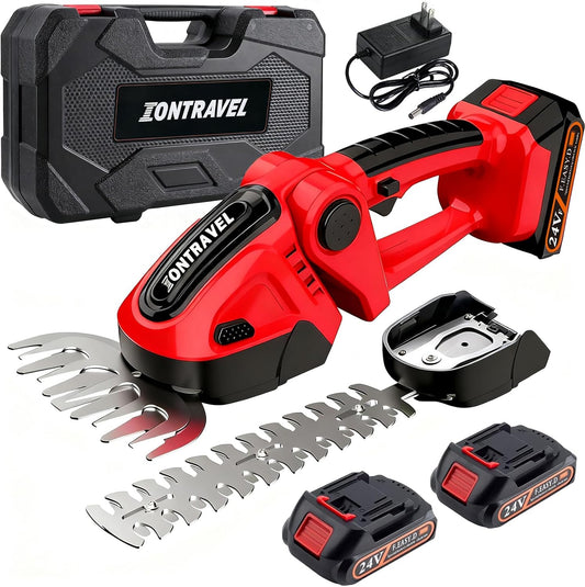 Cordless Hedge Trimmer & Grass Shears - 24V Electric Shrub Trimmer Grass Shears Handheld Grass Cutter, Hedge Shear with 2 PCS Rechargeable Battery, Charger and Toolbox to for Garden, Lawn, Red