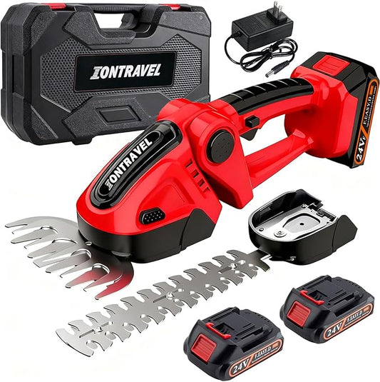 Cordless Hedge Trimmer & Grass Shears - 24V Electric Shrub Trimmer Grass Shears Handheld Grass Cutter, Hedge Shear with 2 PCS Rechargeable Battery, Charger and Toolbox to for Garden, Lawn, Red