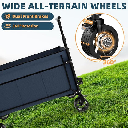 Favoyard Collapsible Wagon Carts Foldable 150L & 360LBS Portable Folding Wagons with All-Terrain Wheels & Brakes Heavy Duty Outdoor Utility Cart for Beach Grocery Camping Shopping Sports Garden, Blue