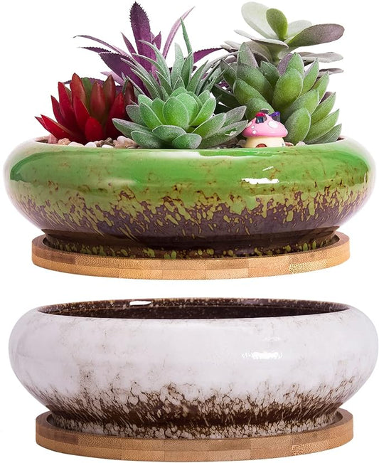 ARTKETTY Succulent Pots with Drainage, 2 Pack Large Succulent Planters Ceramic Bonsai Pot with Trays, 7.3 Inch Round Shallow Planters for Indoor Cactus Flower Plants