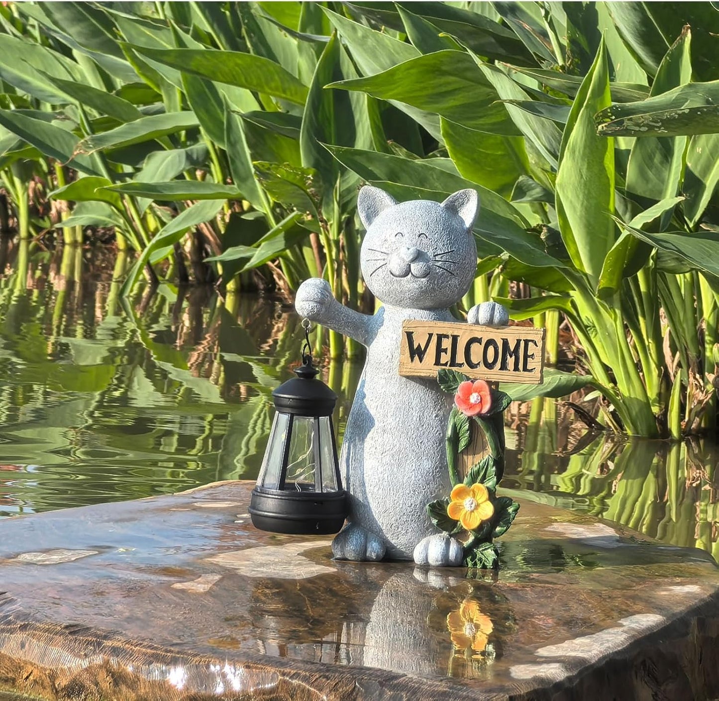 Solar Cat Statue Outdoor Decor-9.4" Welcome Garden with Sculpture Solar Lantern Flowers,Weatherproof Resin Art for Patio, Lawn,Yard Outside, for Women,Grandma,Adults,Kids,Cat Lovers
