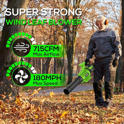 Electric Leaf Blower Cordless, 21V Battery Powered Blower with 2 x 4.0Ah Battery and Charge, 715CFM &180MPH and 3 Speed Mode, Handheld Blowers for Lawn Care, Yard, Leaves, Dust, Snow