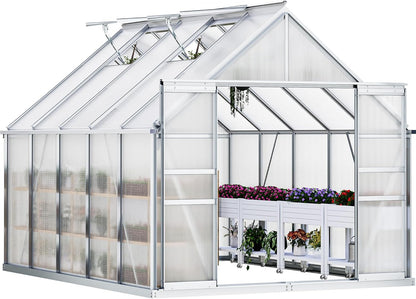 YITAHOME 10x8FT Polycarbonate Greenhouse Large Heavy Duty Green Houses Outdoor Aluminum Greenhouses with Sliding Doors Vent Window Premium Walk-in Greenhouse for Garden Backyard, Matte Sliver