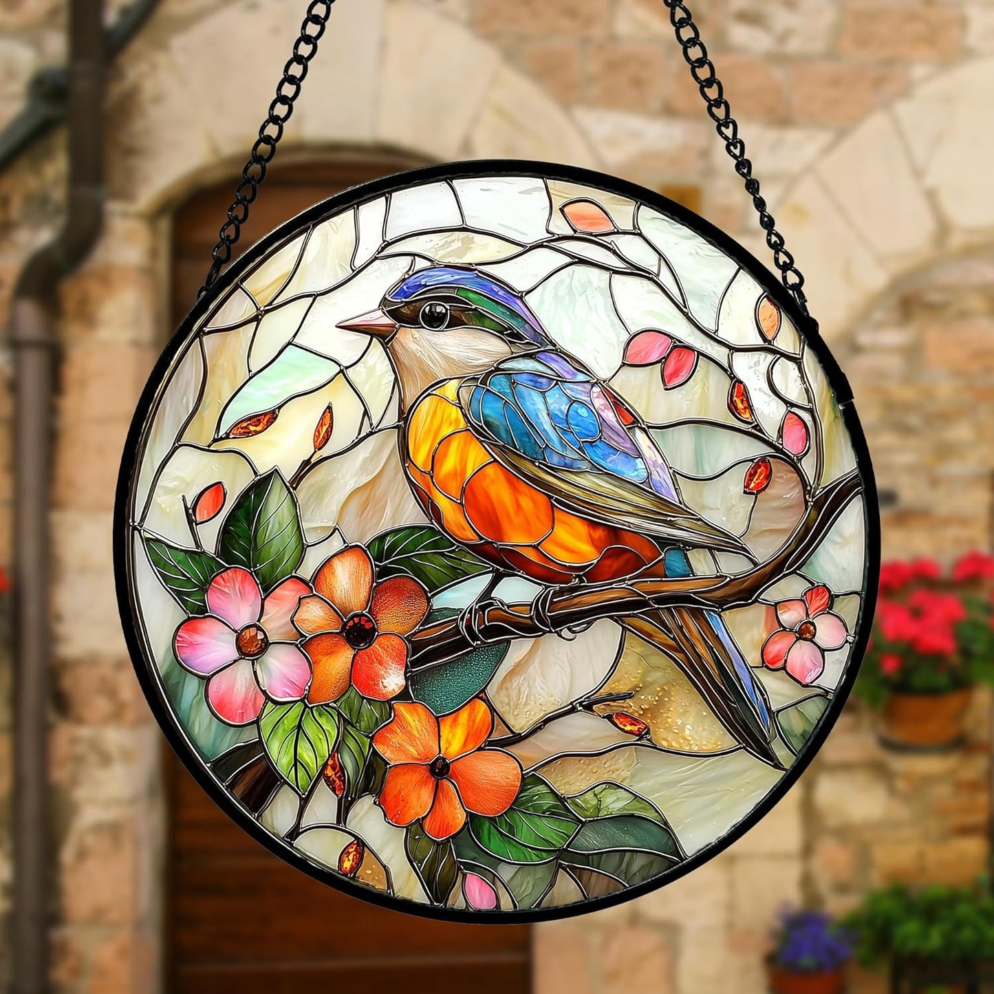 Stained Glass Window Hanging, Blue Bird Pink Flower Suncatcher Diamond Glass Panel Bird Sun Catchers Decor for Birthday for Women, Men, Wife, Aunt, and Mom 9.8 in