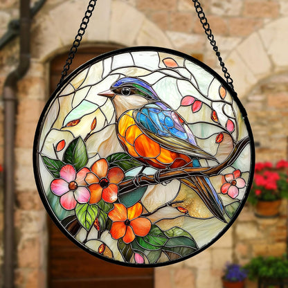 Stained Glass Window Hanging, Blue Bird Pink Flower Suncatcher Diamond Glass Panel Bird Sun Catchers Decor for Birthday for Women, Men, Wife, Aunt, and Mom 11.8x11.8 in