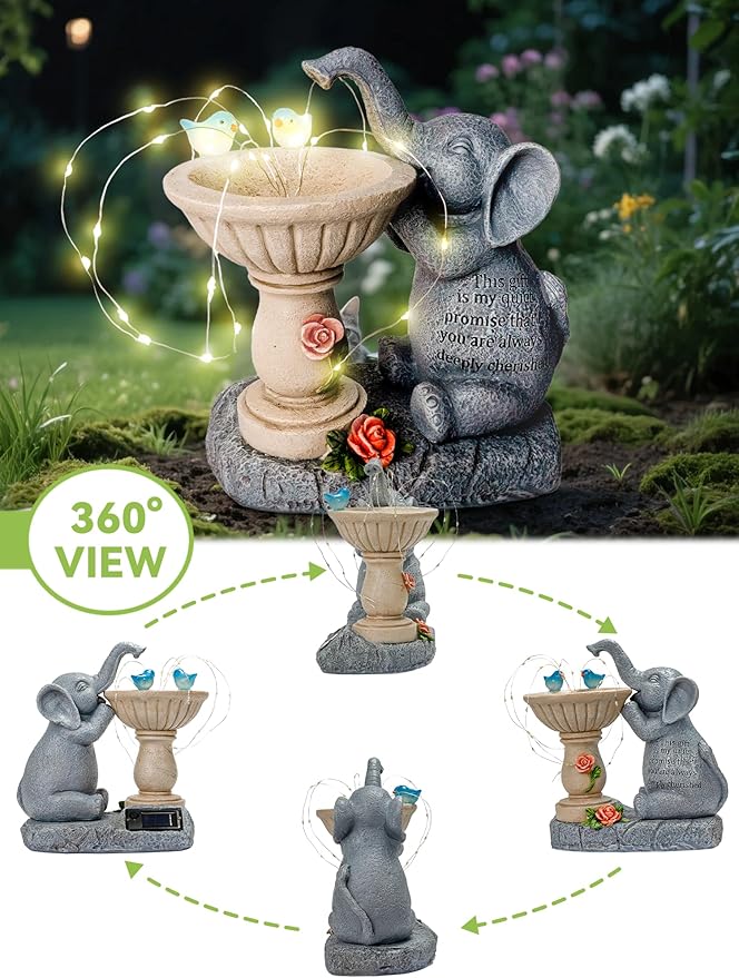 Solar Garden Outdoor Statues Decor, Elephant with Birdbath Garden Decor for Home House, Yard Art Lawn, Ornaments, Porch Patio, Balcony - Birthday Gifts for Grandma Mom Women