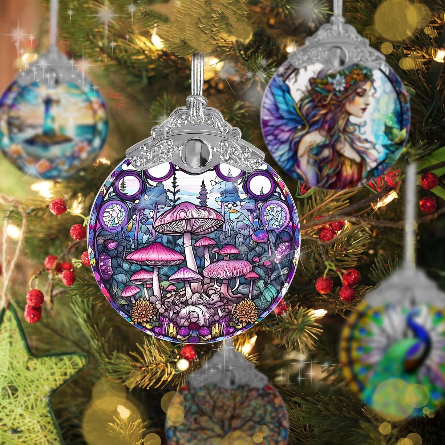 Mushroom Stained Glass Suncatcher, Jocidea Mushroom Ornament, Mushroom Christmas Ornament, Holidays Ornaments, Christmas Tree Ornament, Mushroom Decor, Gifts for Mushroom Lovers